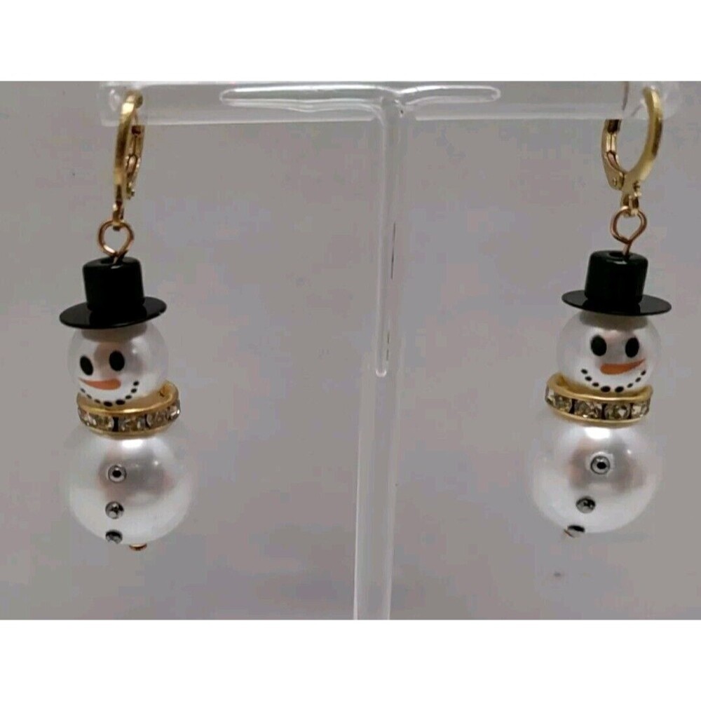 Snowman Faux Pearl 2" Dangle Pierced Earrings Gold Tone Scarf & Black Hat